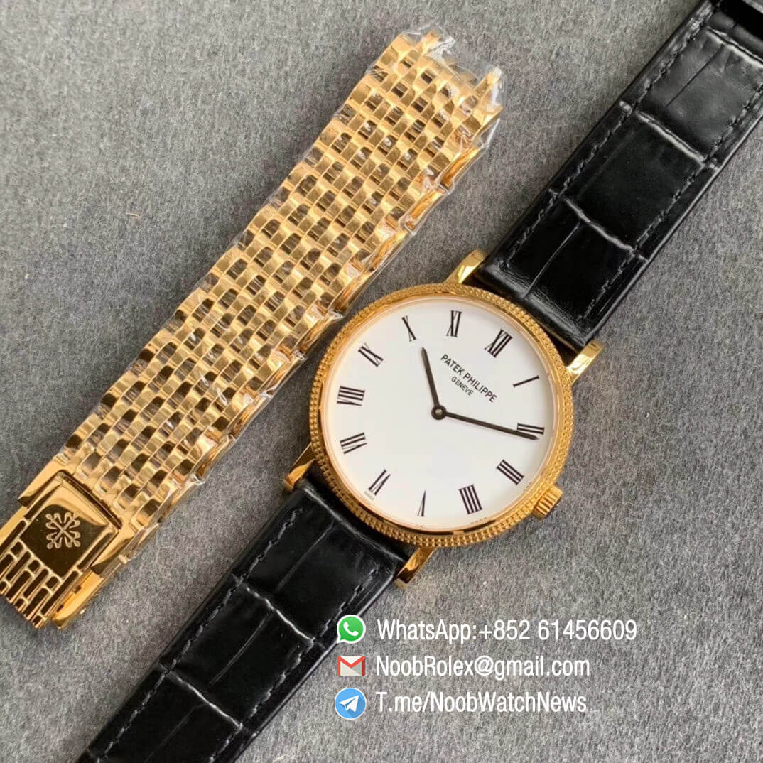 TWF Top RepWatch Patek Calatrava Ref 5120J Yellow Case White Dial with Roman Markers Black Leather Strap Asia Clone Calibre 240 09