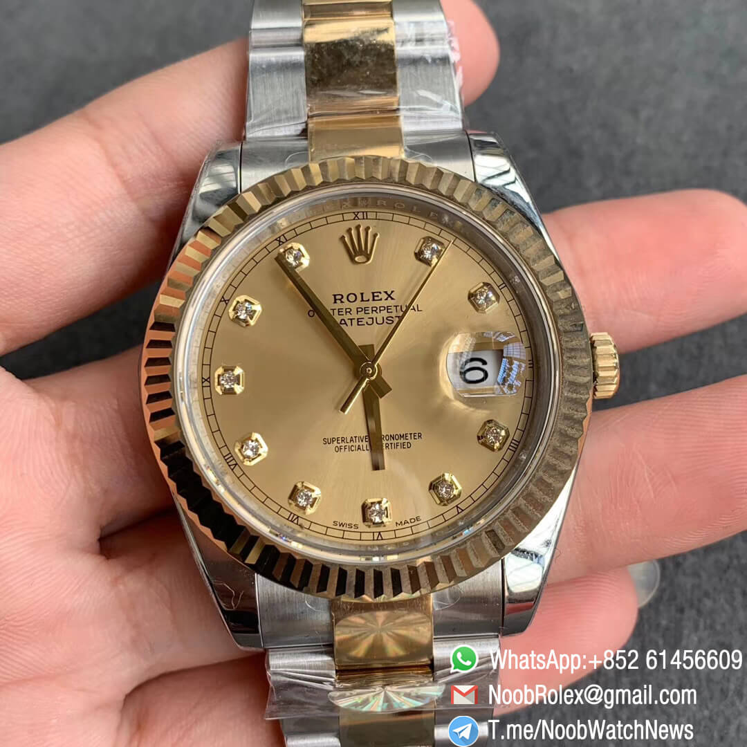 ARF Top Quality Repwatch DateJust 41 126333 Yellow Gold Plated 904L Steel Case Two Tone Oyster Bracelet Diamonds Dial A2824 01