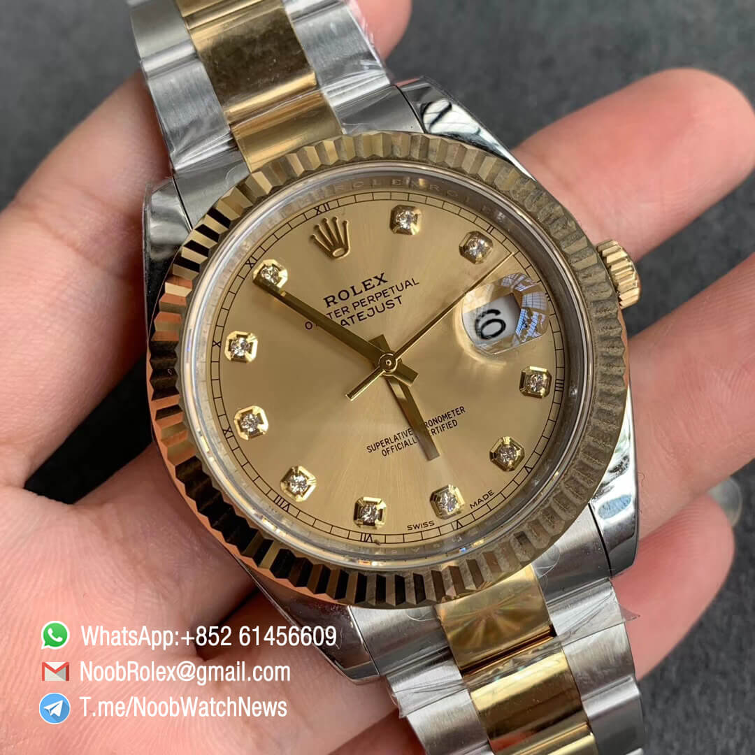 ARF Top Quality Repwatch DateJust 41 126333 Yellow Gold Plated 904L Steel Case Two Tone Oyster Bracelet Diamonds Dial A2824 02