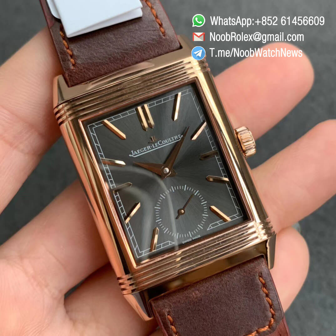 MG Factroy Jaeger Lecoultre Reverso Tribute Small Seconds Double Face Rose Gold Case Grey Dial White Dial Brown Leather Strap Asian Clone 854A Movement 02