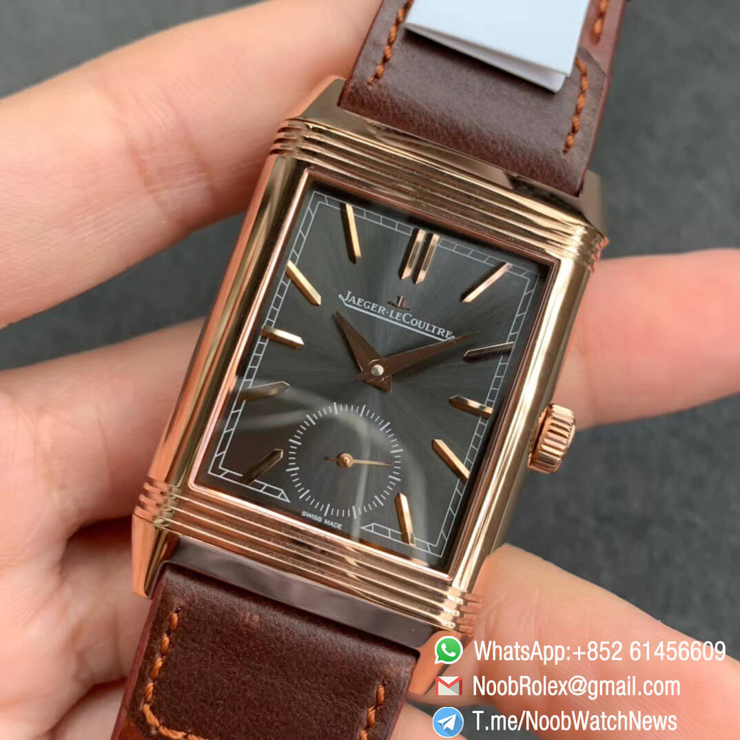 MG Factroy Jaeger Lecoultre Reverso Tribute Small Seconds Double Face Rose Gold Case Grey Dial White Dial Brown Leather Strap Asian Clone 854A Movement 03