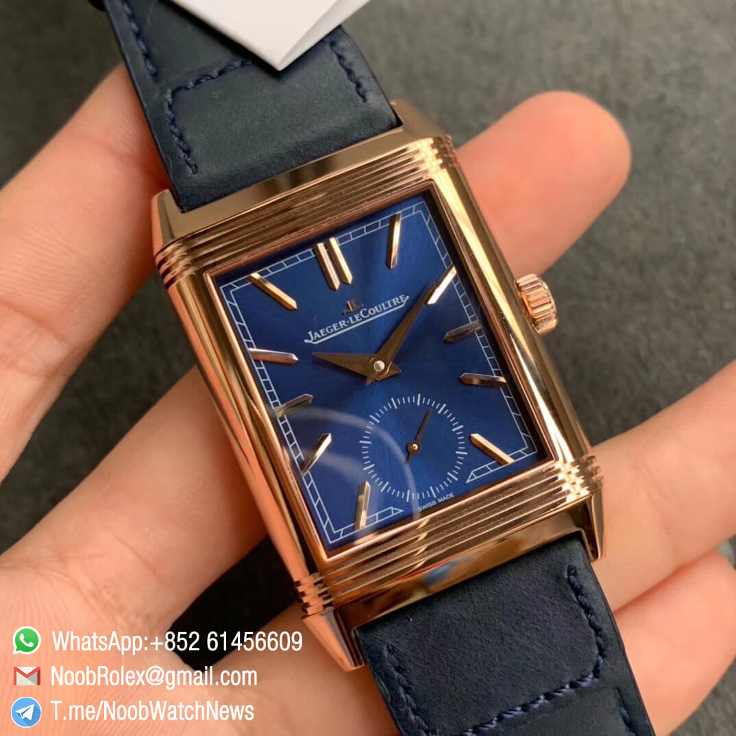 MGF Jaeger Lecoultre Reverso Tribute Small Seconds Double Face Rose Gold Case Blue Dial White Dial Blue Leather Strap Asian Clone 854A Movement 02