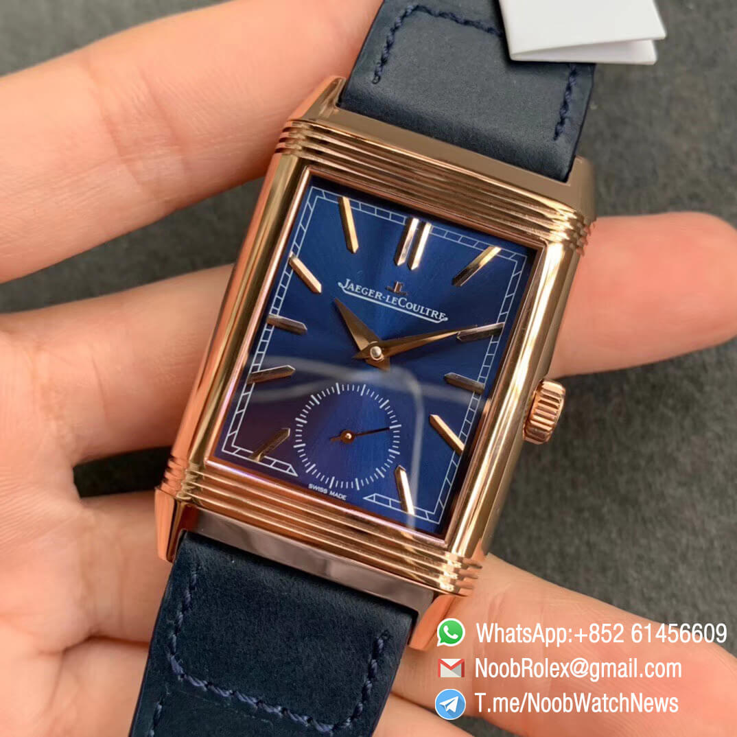 MGF Jaeger Lecoultre Reverso Tribute Small Seconds Double Face Rose Gold Case Blue Dial White Dial Blue Leather Strap Asian Clone 854A Movement 03
