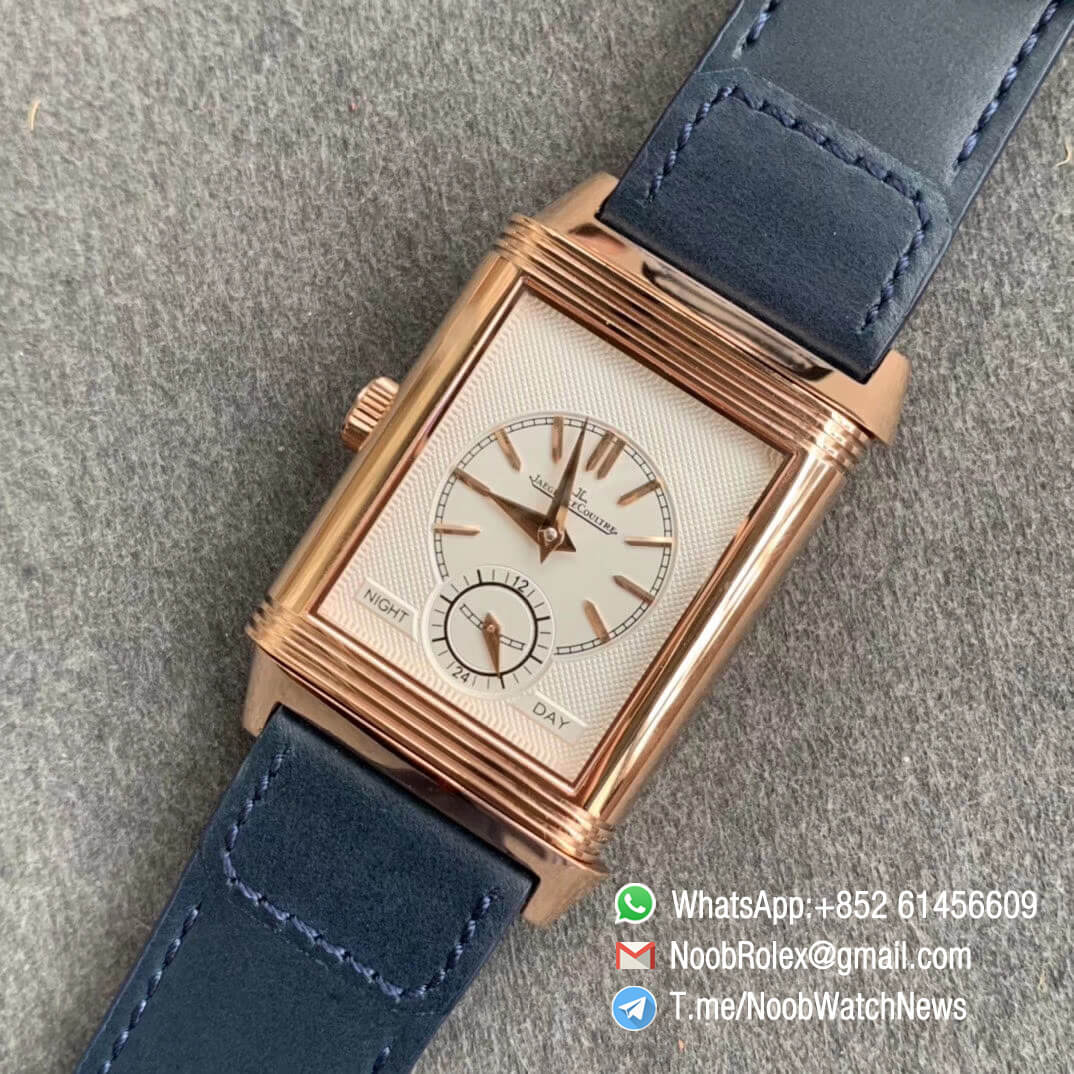 MGF Jaeger Lecoultre Reverso Tribute Small Seconds Double Face Rose Gold Case Blue Dial White Dial Blue Leather Strap Asian Clone 854A Movement 09