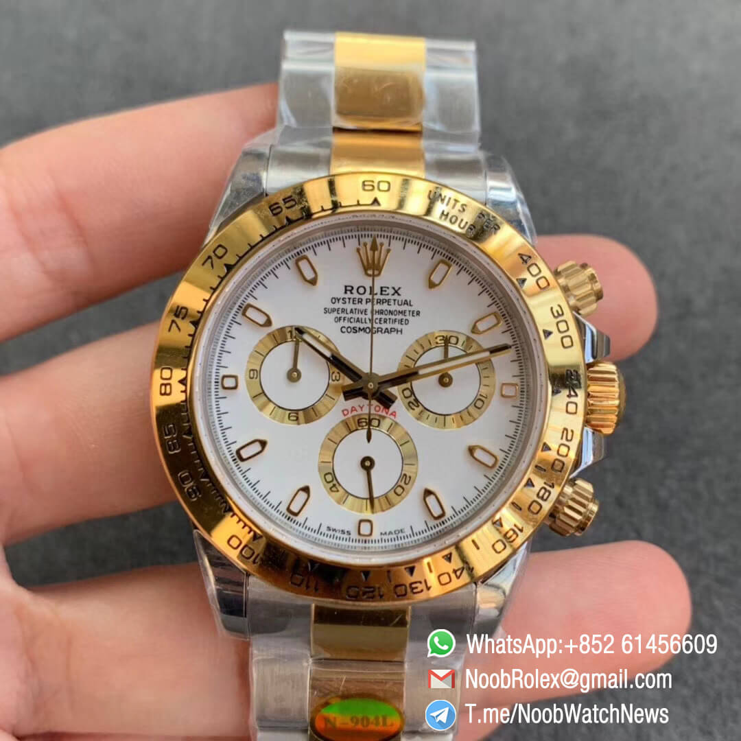 Noob SA4130 Super Clone Daytona 116503 Yellow Gold Two Tone Noob Factory Rolex Best Edition 904L Steel Case and Bracelet White Dial 01