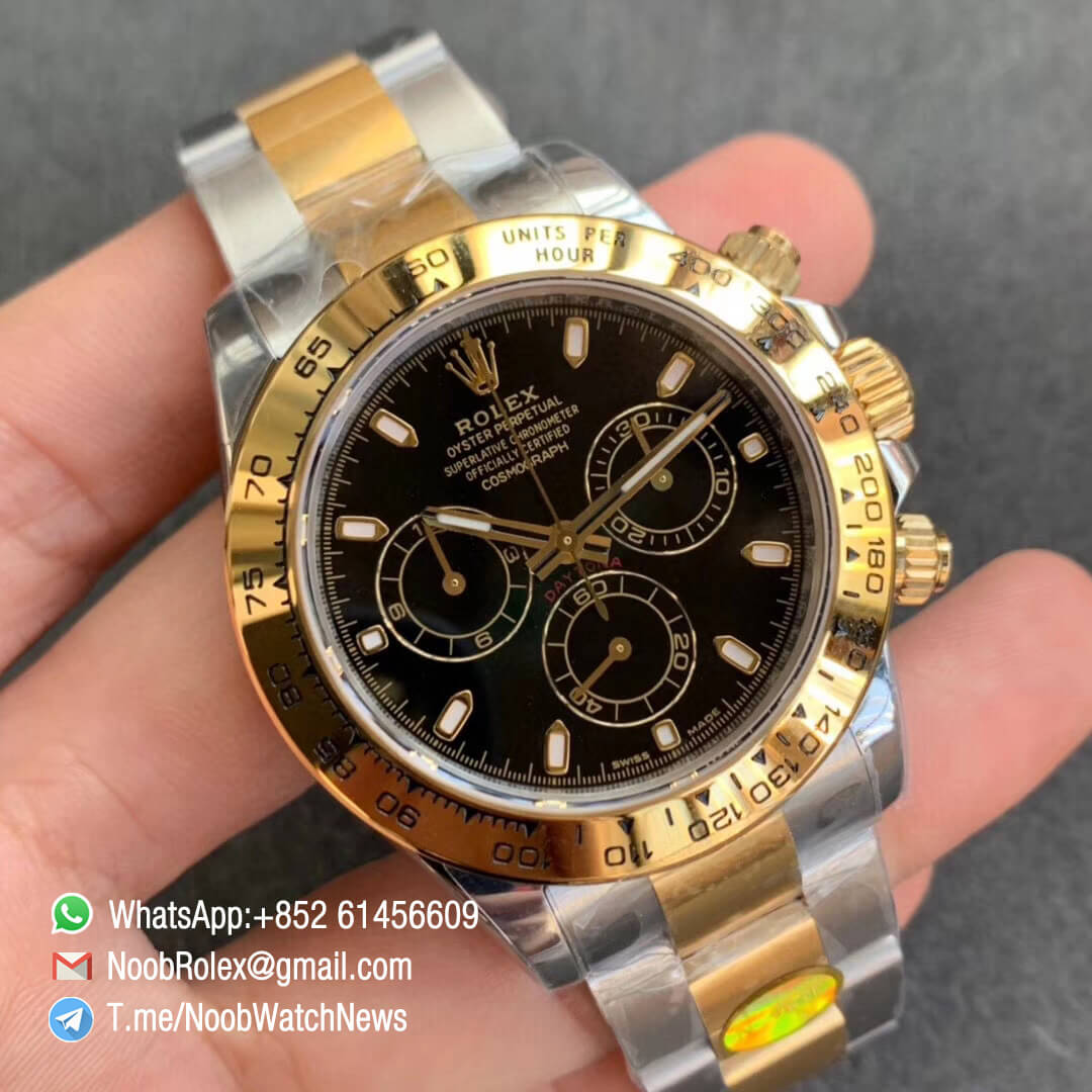 Noob SA4130 Super Clone Rolex Daytona 116503 Yellow Gold Two Tone Noob Factory Best Edition 904L Stainless Steel Case and Bracelet Black Dial 02
