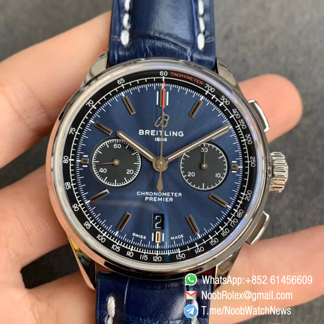 GF Super Clone Watch Breitling Premier B01 Chrono Steel Case 42mm Blue Dial on Blue Leather Strap A7750 Movement 01