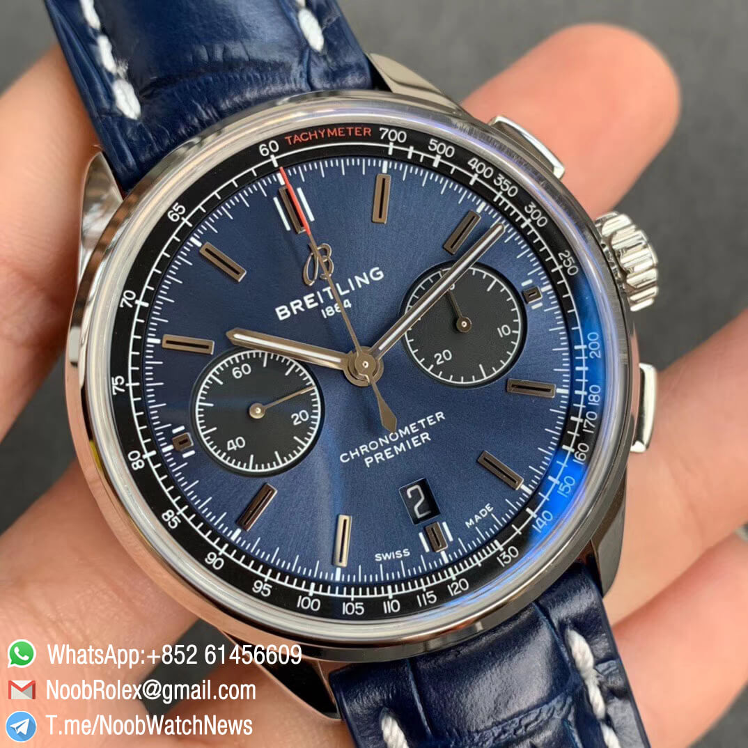 GF Super Clone Watch Breitling Premier B01 Chrono Steel Case 42mm Blue Dial on Blue Leather Strap A7750 Movement 02