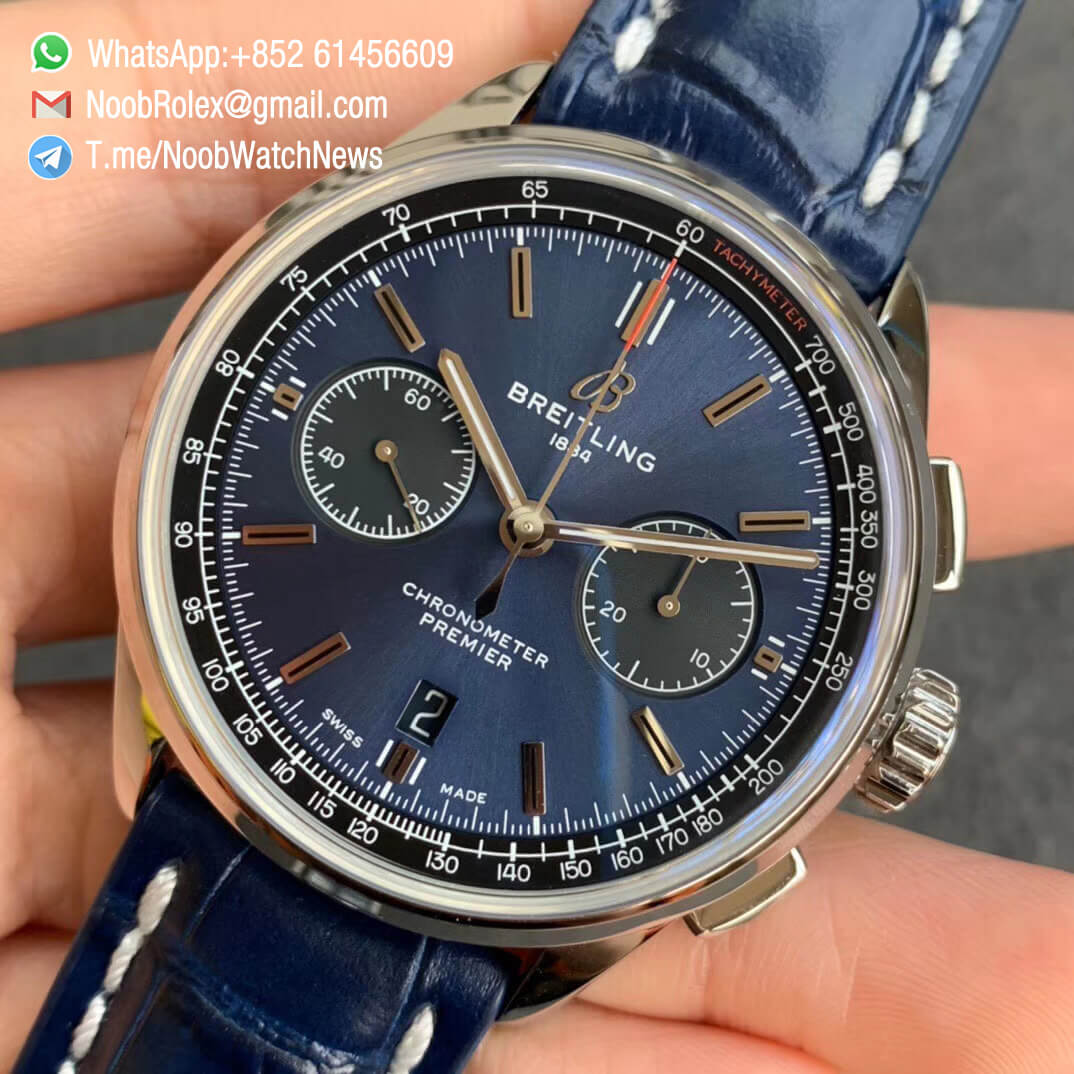 GF Super Clone Watch Breitling Premier B01 Chrono Steel Case 42mm Blue Dial on Blue Leather Strap A7750 Movement 03