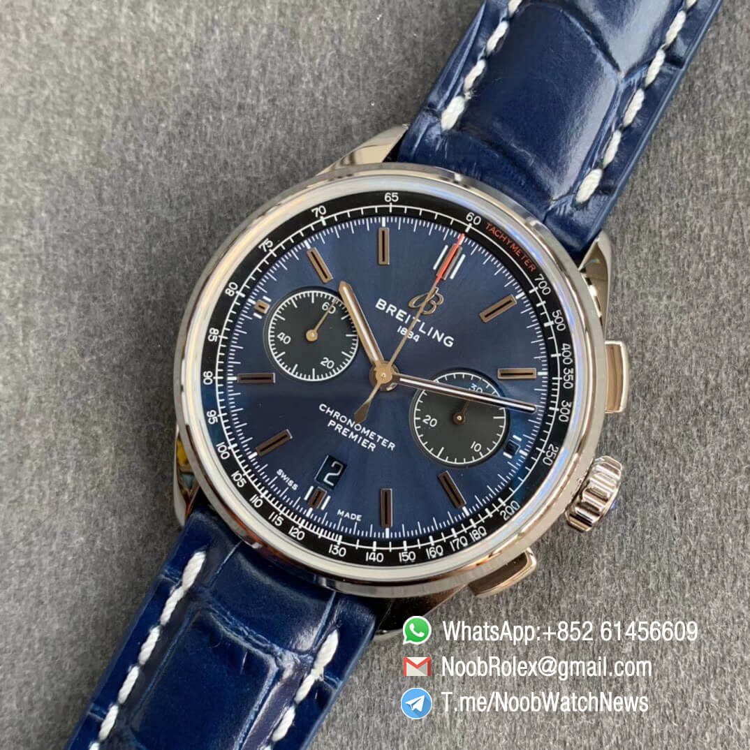 GF Super Clone Watch Breitling Premier B01 Chrono Steel Case 42mm Blue Dial on Blue Leather Strap A7750 Movement 09
