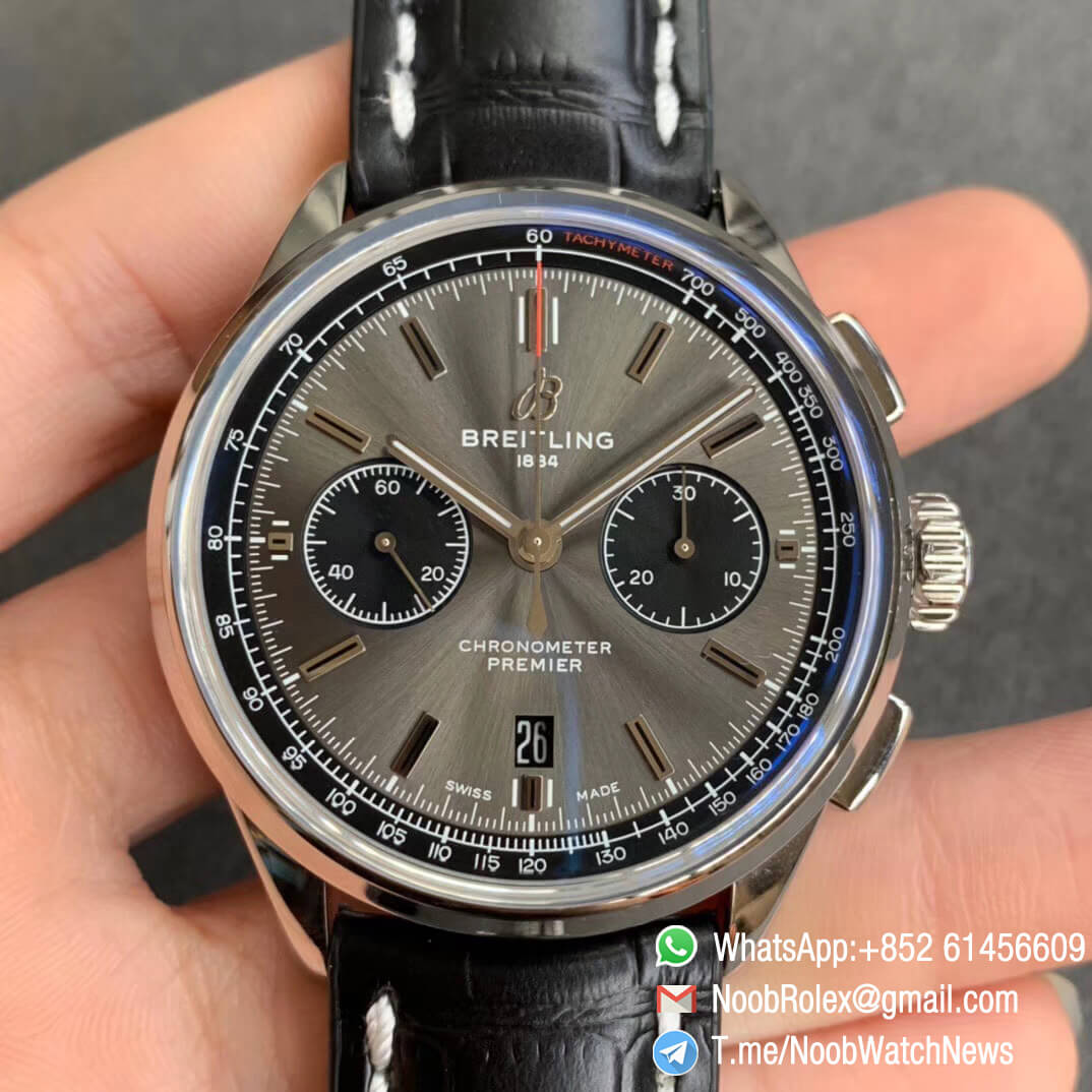 GF Super Clone Watch Breitling Premier B01 Chrono Steel Case 42mm Grey Dial Black Sub Dial on Black Leather Strap A7750 Movement 01