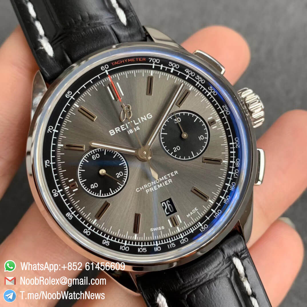 GF Super Clone Watch Breitling Premier B01 Chrono Steel Case 42mm Grey Dial Black Sub Dial on Black Leather Strap A7750 Movement 02