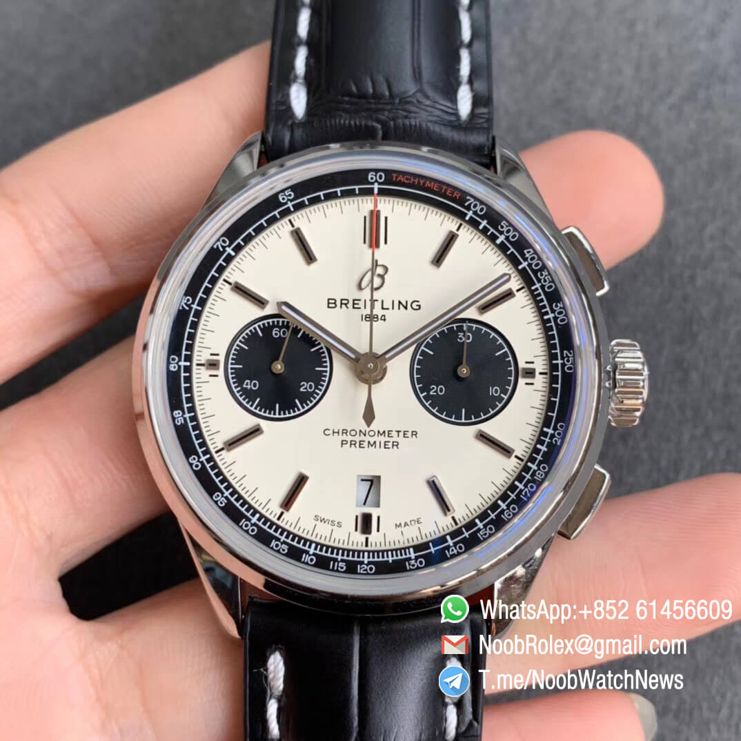 GF Super Clone Watch Breitling Premier B01 Chrono Steel Case 42mm White Dial on Black Strap A7750 Movement 01