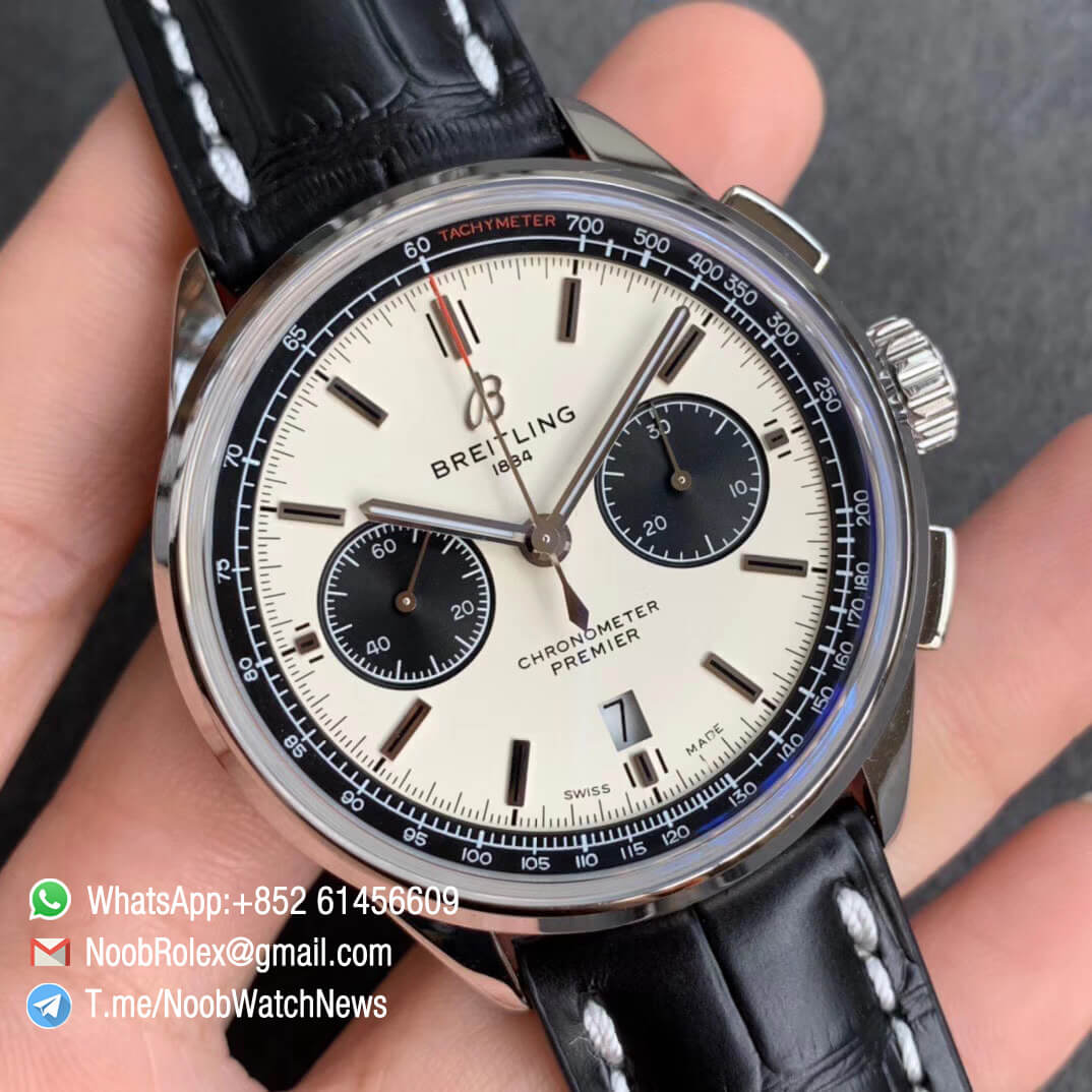 GF Super Clone Watch Breitling Premier B01 Chrono Steel Case 42mm White Dial on Black Strap A7750 Movement 02