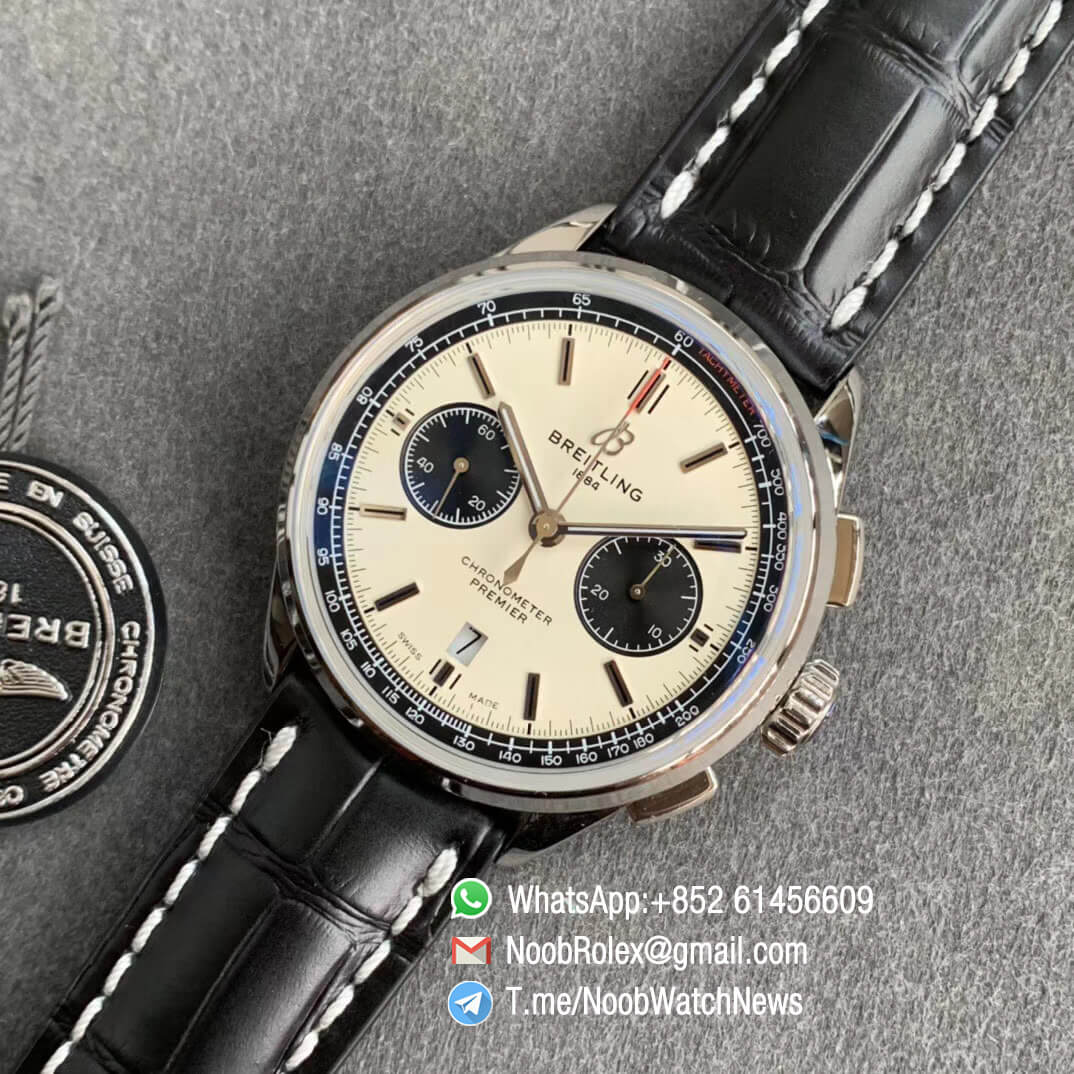GF Super Clone Watch Breitling Premier B01 Chrono Steel Case 42mm White Dial on Black Strap A7750 Movement 09