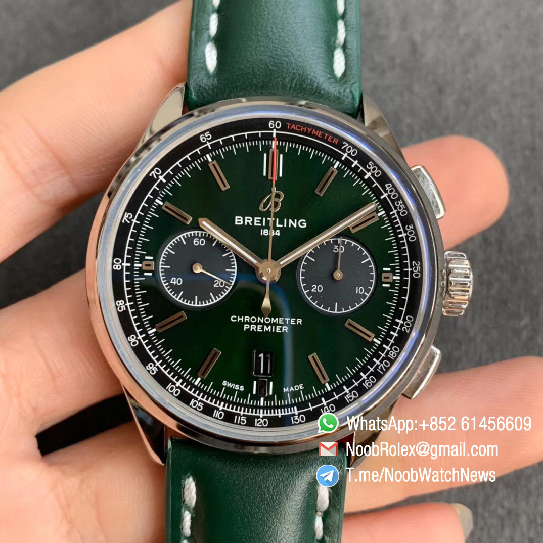 GF Top Clone Breitling Premier B01 Chrono Steel Case 42mm Green Dial on Green Leather Strap A7750 Movement 01