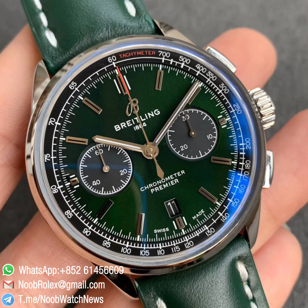 GF Top Clone Breitling Premier B01 Chrono Steel Case 42mm Green Dial on Green Leather Strap A7750 Movement 02