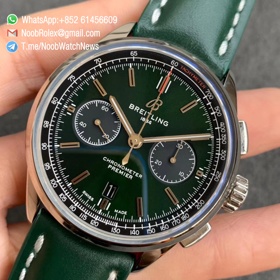 GF Top Clone Breitling Premier B01 Chrono Steel Case 42mm Green Dial on Green Leather Strap A7750 Movement 03