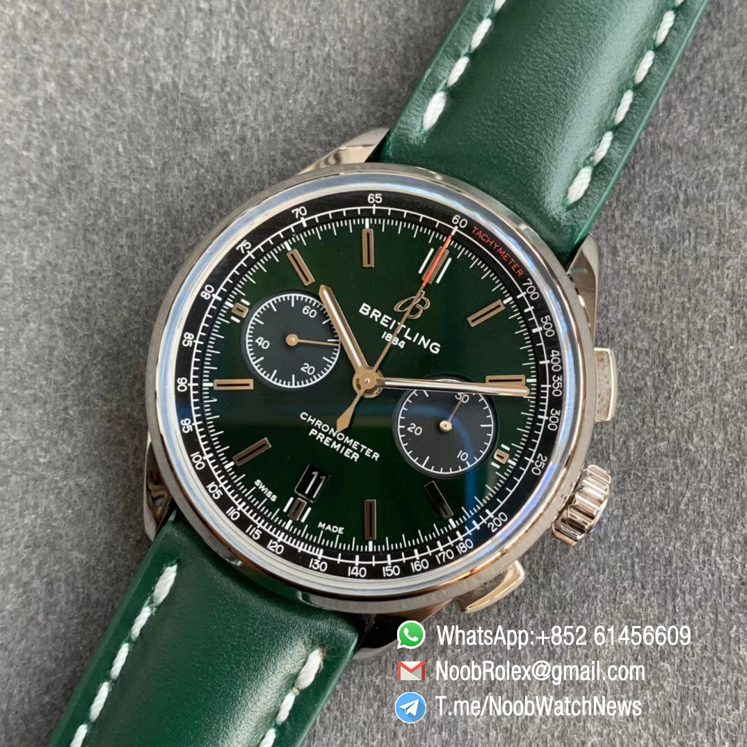 GF Top Clone Breitling Premier B01 Chrono Steel Case 42mm Green Dial on Green Leather Strap A7750 Movement 09