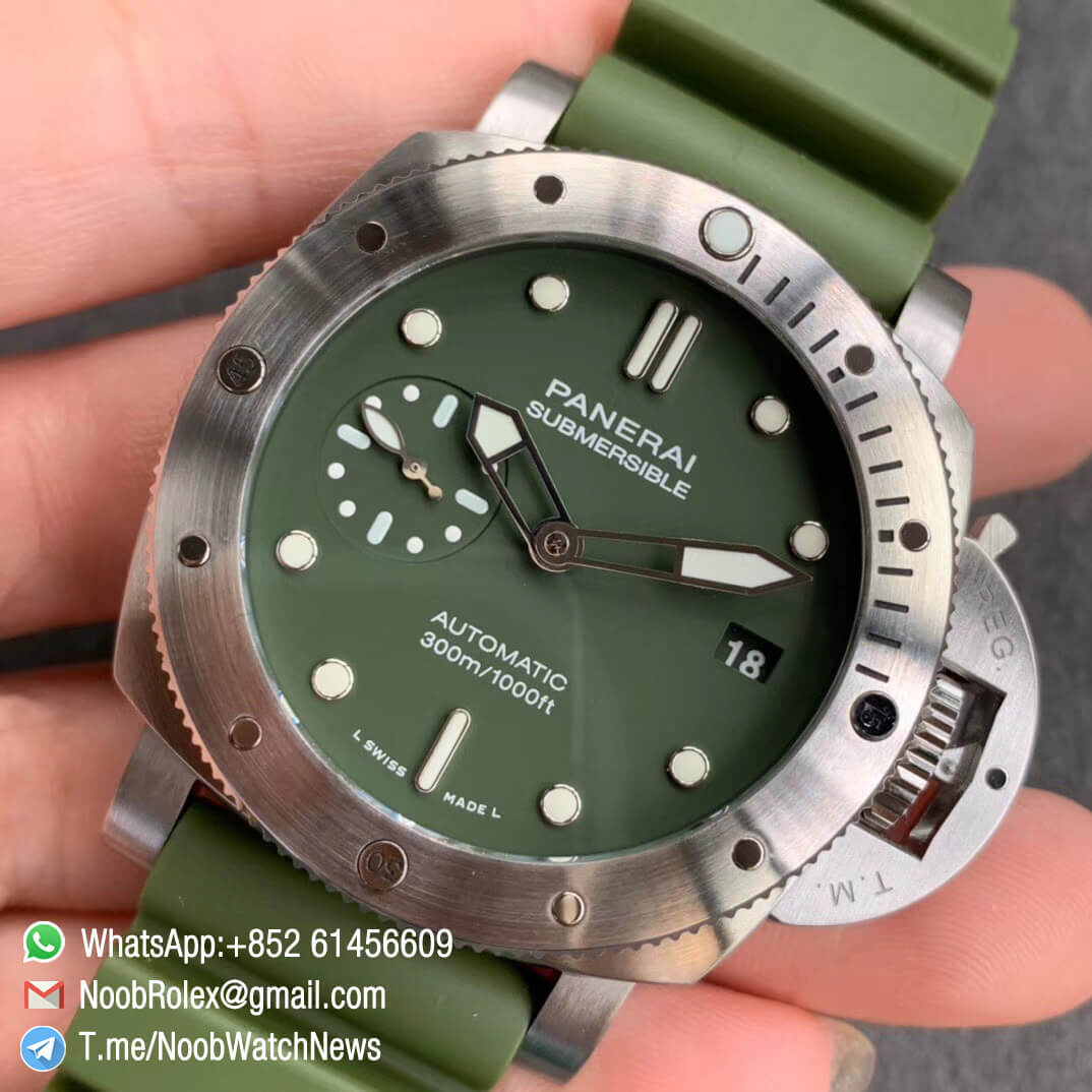 VSF Top Rep Panerai PAM01055 Luminor Submersible 42mm Verde Militare on Green Rubber Strap P900 Clone Movement 03