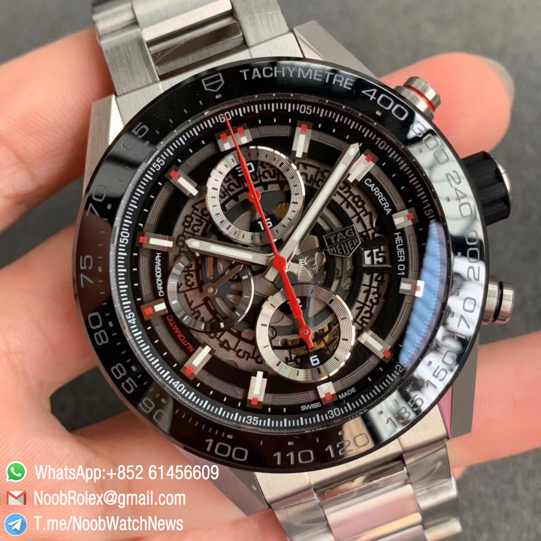 XF Best Quality Tag Heuer Calibre Heuer 01 Chrono Steel Case Bracelet Skeleton Dial Red Hand on Asain Clone 1887 Movement 02
