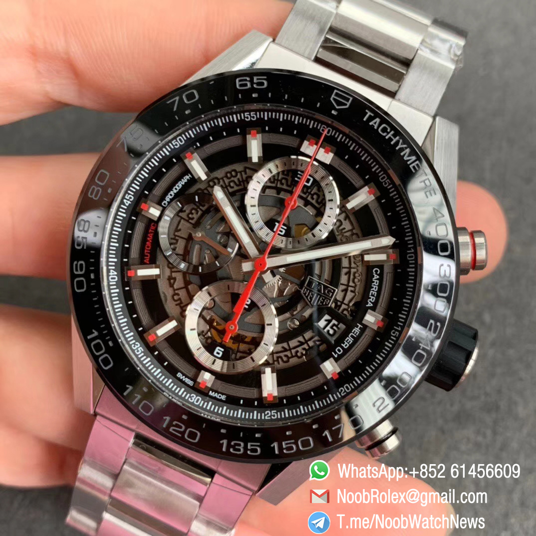 XF Best Quality Tag Heuer Calibre Heuer 01 Chrono Steel Case Bracelet Skeleton Dial Red Hand on Asain Clone 1887 Movement 03