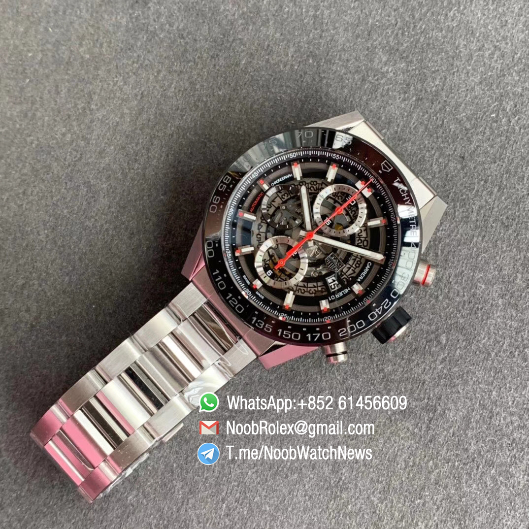 XF Best Quality Tag Heuer Calibre Heuer 01 Chrono Steel Case Bracelet Skeleton Dial Red Hand on Asain Clone 1887 Movement 07