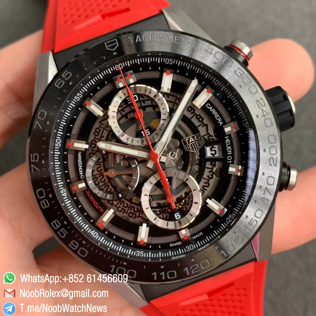 XF Best Quality Tag Heuer Calibre Heuer 01 Chrono Steel Case Skeleton Dial Red Hand Red Rubber Strap with Asain Clone 1887 Movement 02 1