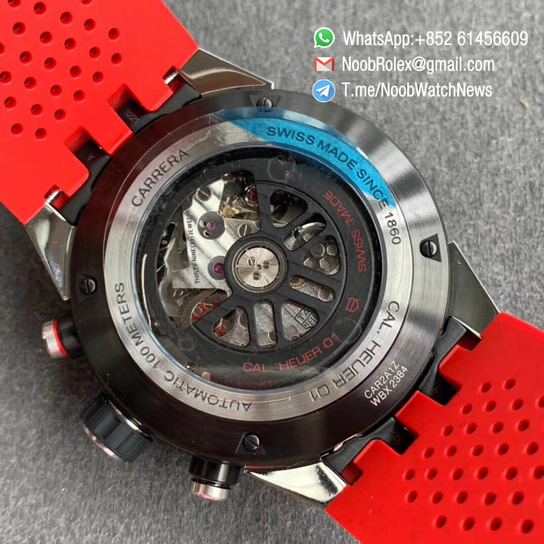 XF Best Quality Tag Heuer Calibre Heuer 01 Chrono Steel Case Skeleton Dial Red Hand Red Rubber Strap with Asain Clone 1887 Movement 08