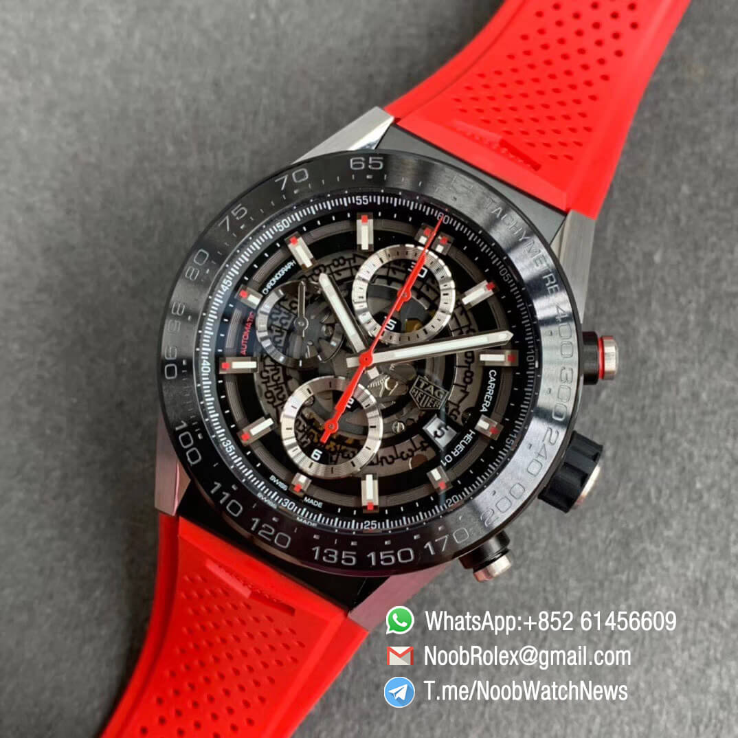 XF Best Quality Tag Heuer Calibre Heuer 01 Chrono Steel Case Skeleton Dial Red Hand Red Rubber Strap with Asain Clone 1887 Movement 09