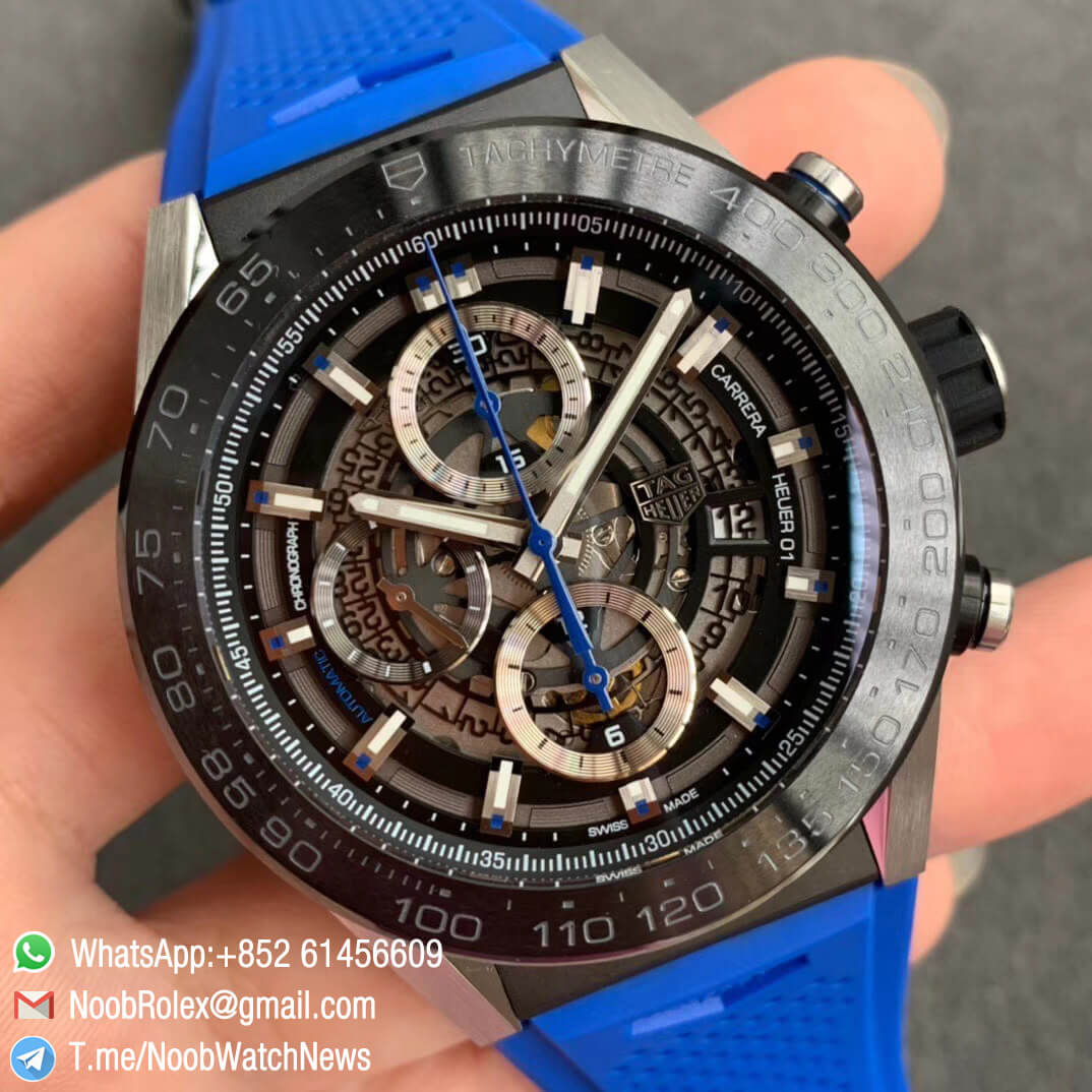 XF Best Quality Tag Heuer Carrera Heuer 01 Chrono PVD Steel Case Skeleton Dial Blue Hand on Blue Rubber Strap A1887 Movement 02