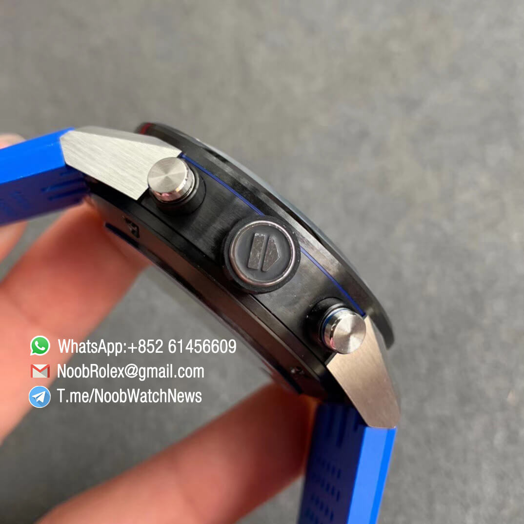 XF Best Quality Tag Heuer Carrera Heuer 01 Chrono PVD Steel Case Skeleton Dial Blue Hand on Blue Rubber Strap A1887 Movement 04