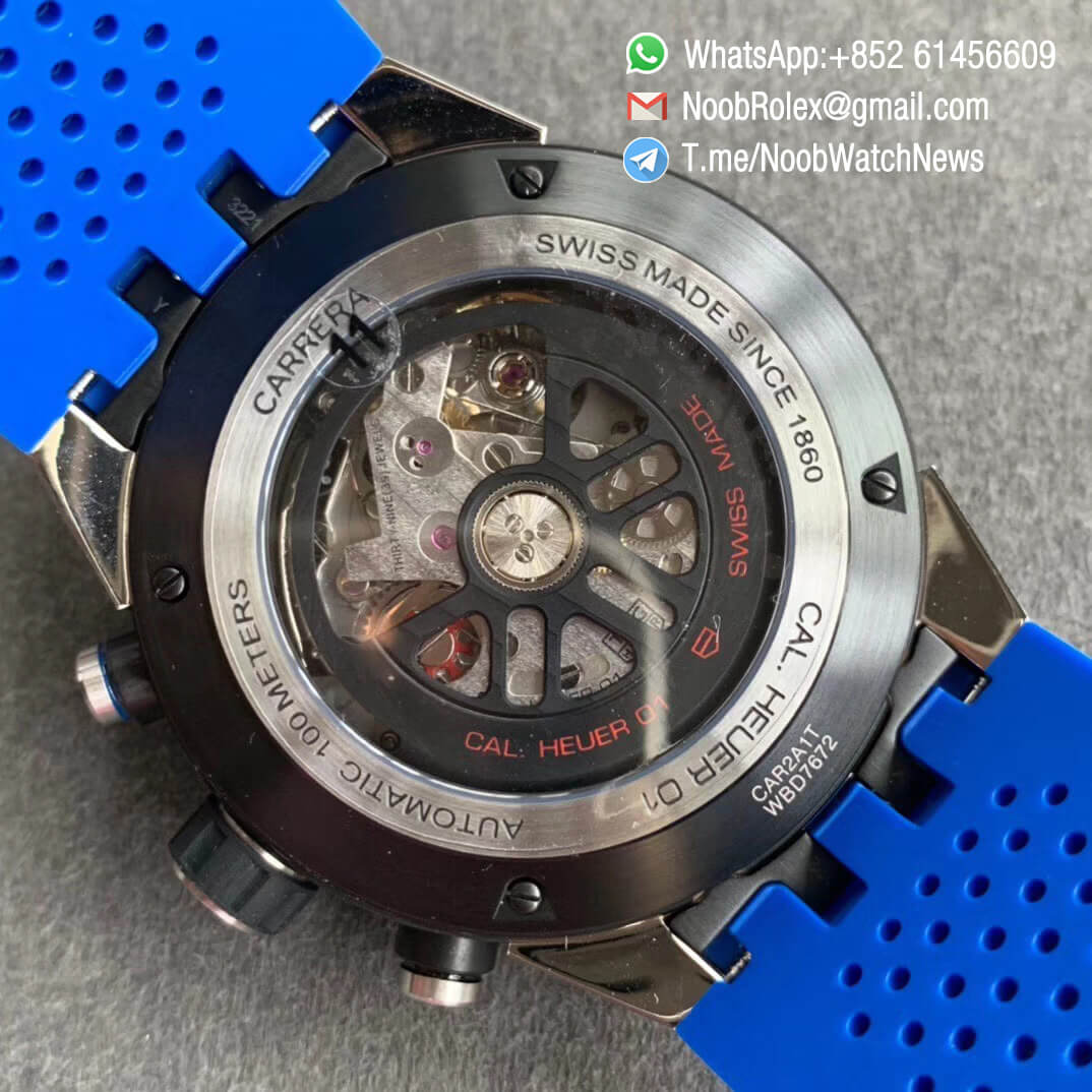 XF Best Quality Tag Heuer Carrera Heuer 01 Chrono PVD Steel Case Skeleton Dial Blue Hand on Blue Rubber Strap A1887 Movement 08