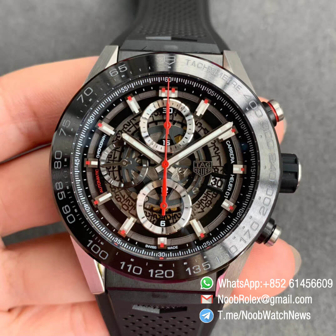 XF Best Quality Tag Heuer Carrera Heuer 01 Chrono PVD Steel Case Skeleton Dial Red Hand on Black Rubber Strap A1887 Movement 01