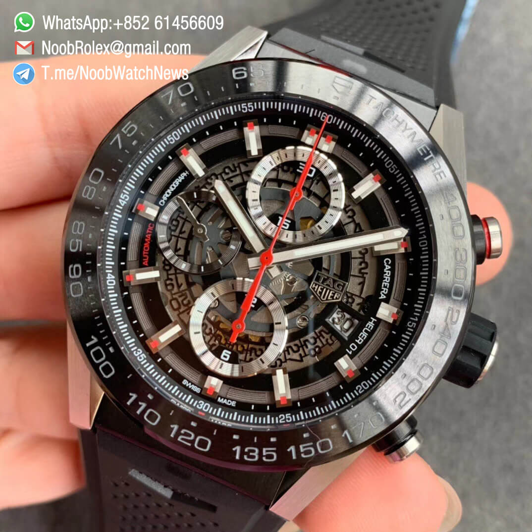 XF Best Quality Tag Heuer Carrera Heuer 01 Chrono PVD Steel Case Skeleton Dial Red Hand on Black Rubber Strap A1887 Movement 03