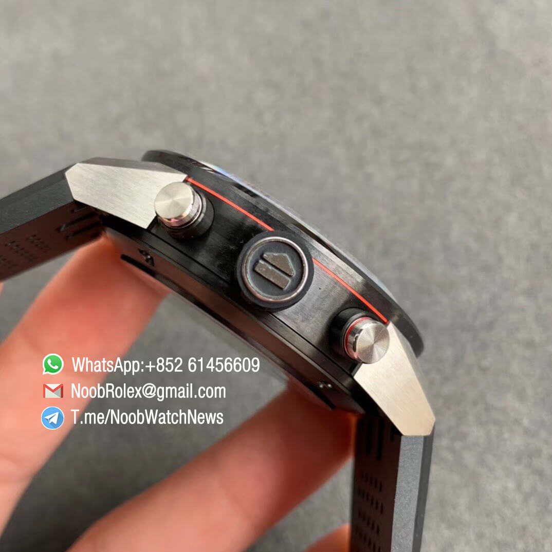 XF Best Quality Tag Heuer Carrera Heuer 01 Chrono PVD Steel Case Skeleton Dial Red Hand on Black Rubber Strap A1887 Movement 04