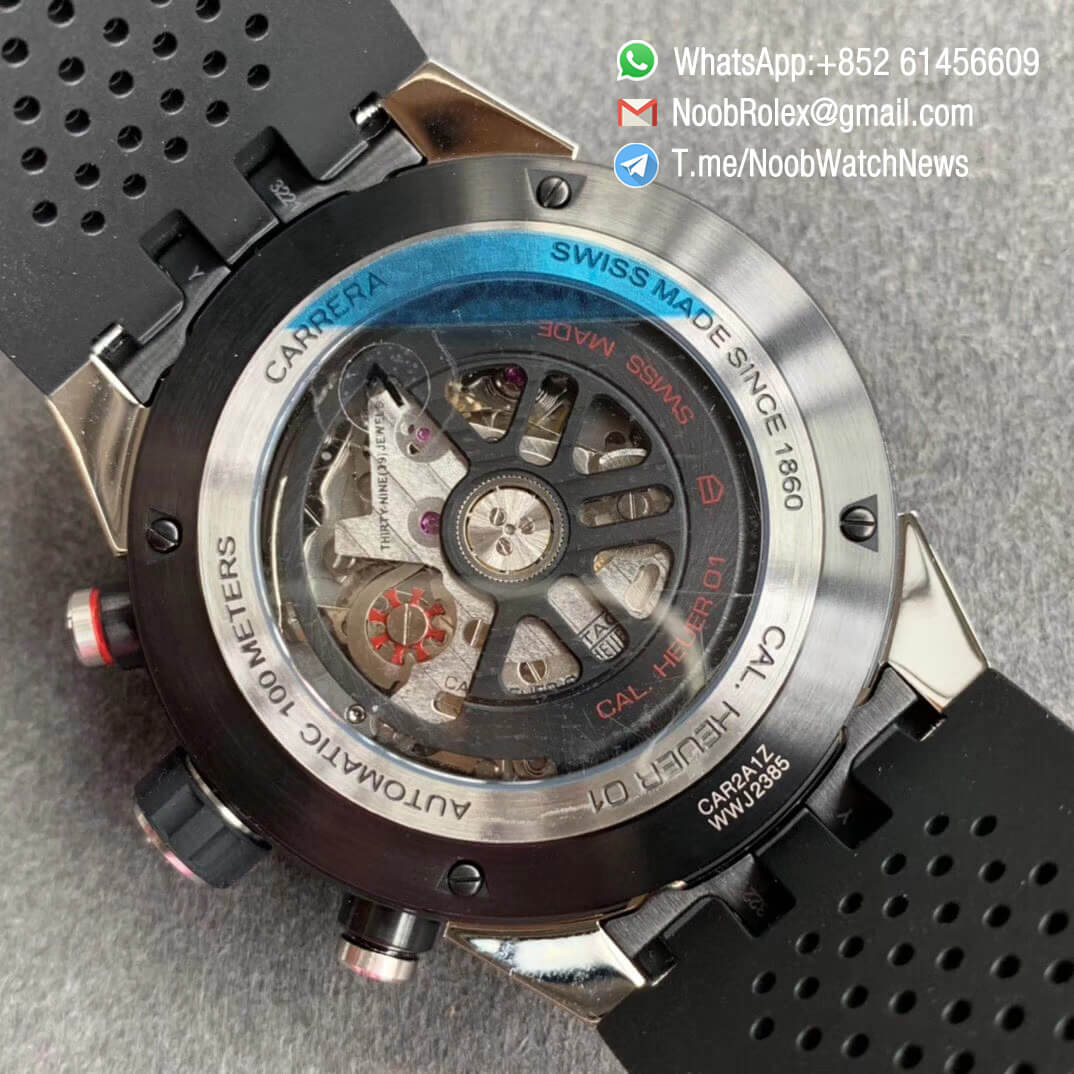 XF Best Quality Tag Heuer Carrera Heuer 01 Chrono PVD Steel Case Skeleton Dial Red Hand on Black Rubber Strap A1887 Movement 08 1