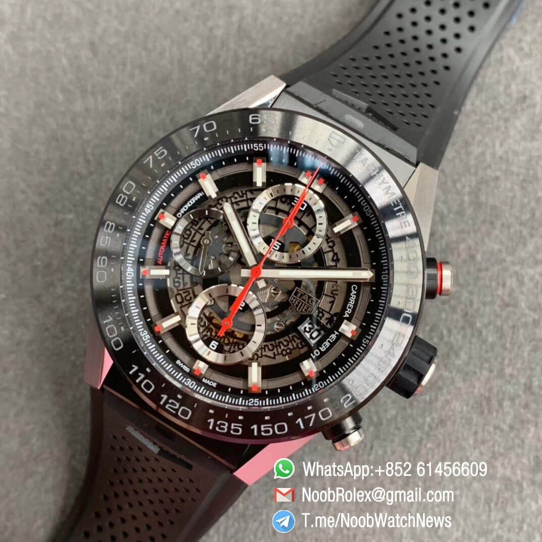 XF Best Quality Tag Heuer Carrera Heuer 01 Chrono PVD Steel Case Skeleton Dial Red Hand on Black Rubber Strap A1887 Movement 09 1