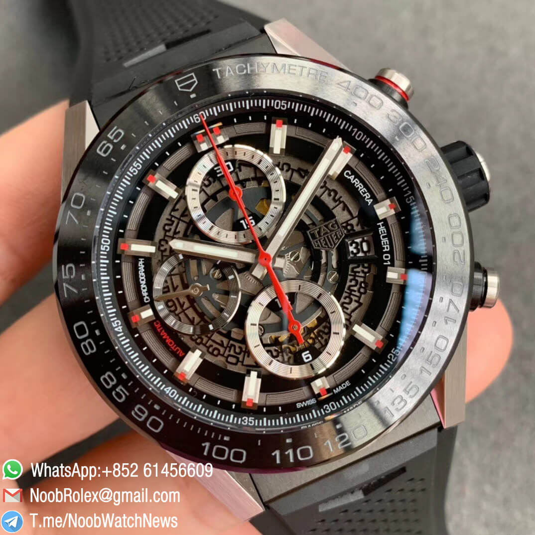 XF Best Quality Tag Heuer Carrera Heuer 01 Chrono PVD Steel Case Skeleton Dial Red Hand on Black Rubber Strap A1887 Movement No 3