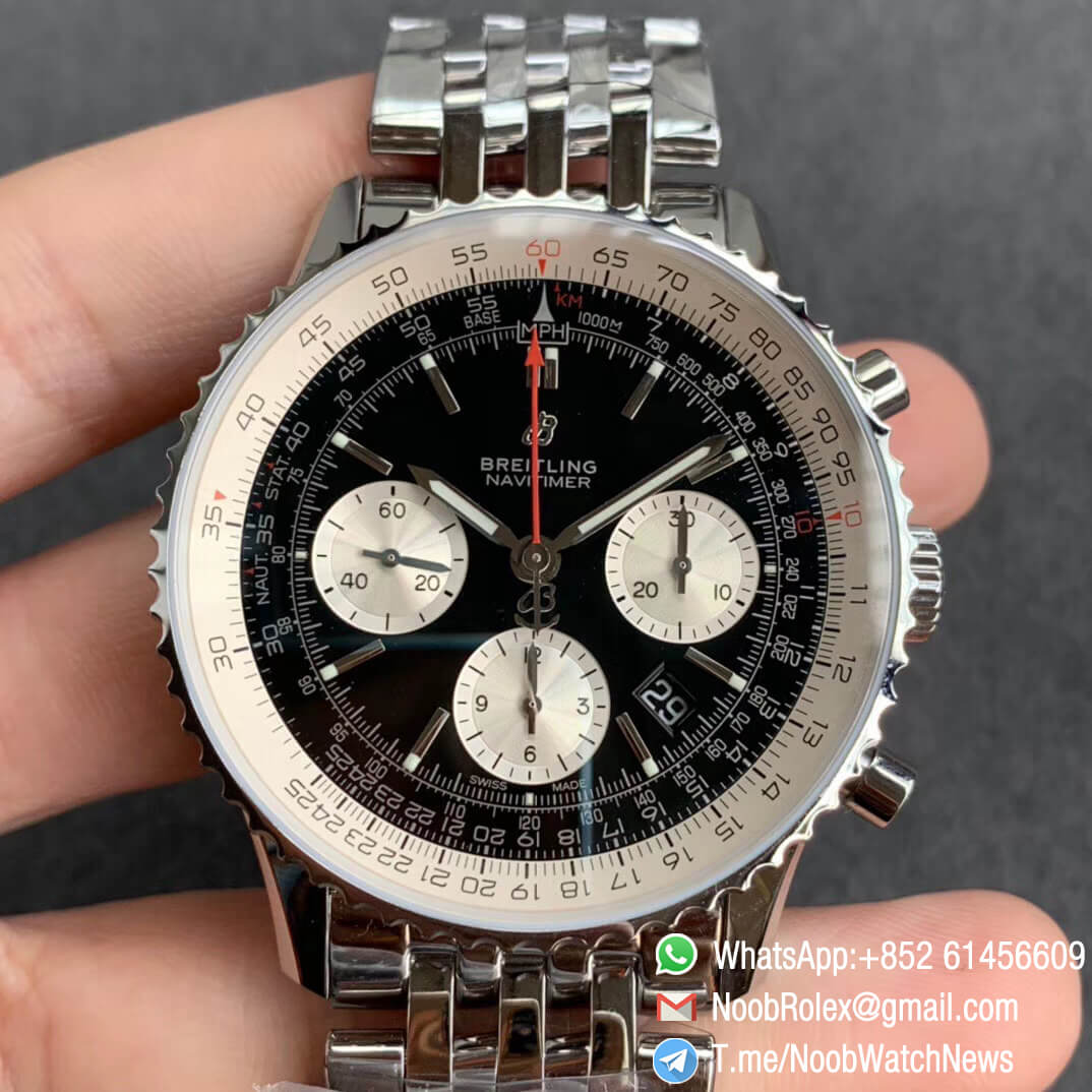 GF Best Quality Rep Breiiting Navitimer 1 Steel Case Bracelet 43mm Black Dial with A7750 Full Chrono Function 01