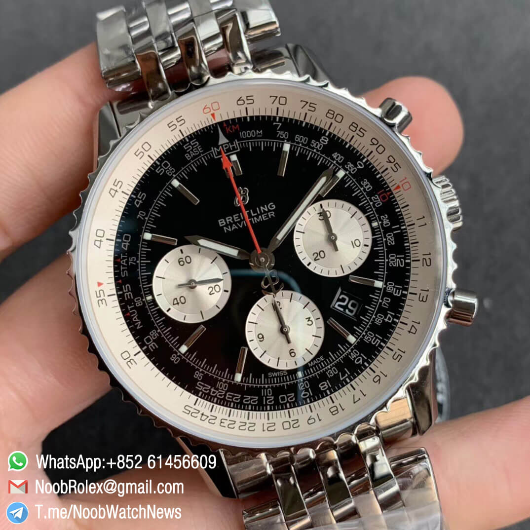 GF Best Quality Rep Breiiting Navitimer 1 Steel Case Bracelet 43mm Black Dial with A7750 Full Chrono Function 02