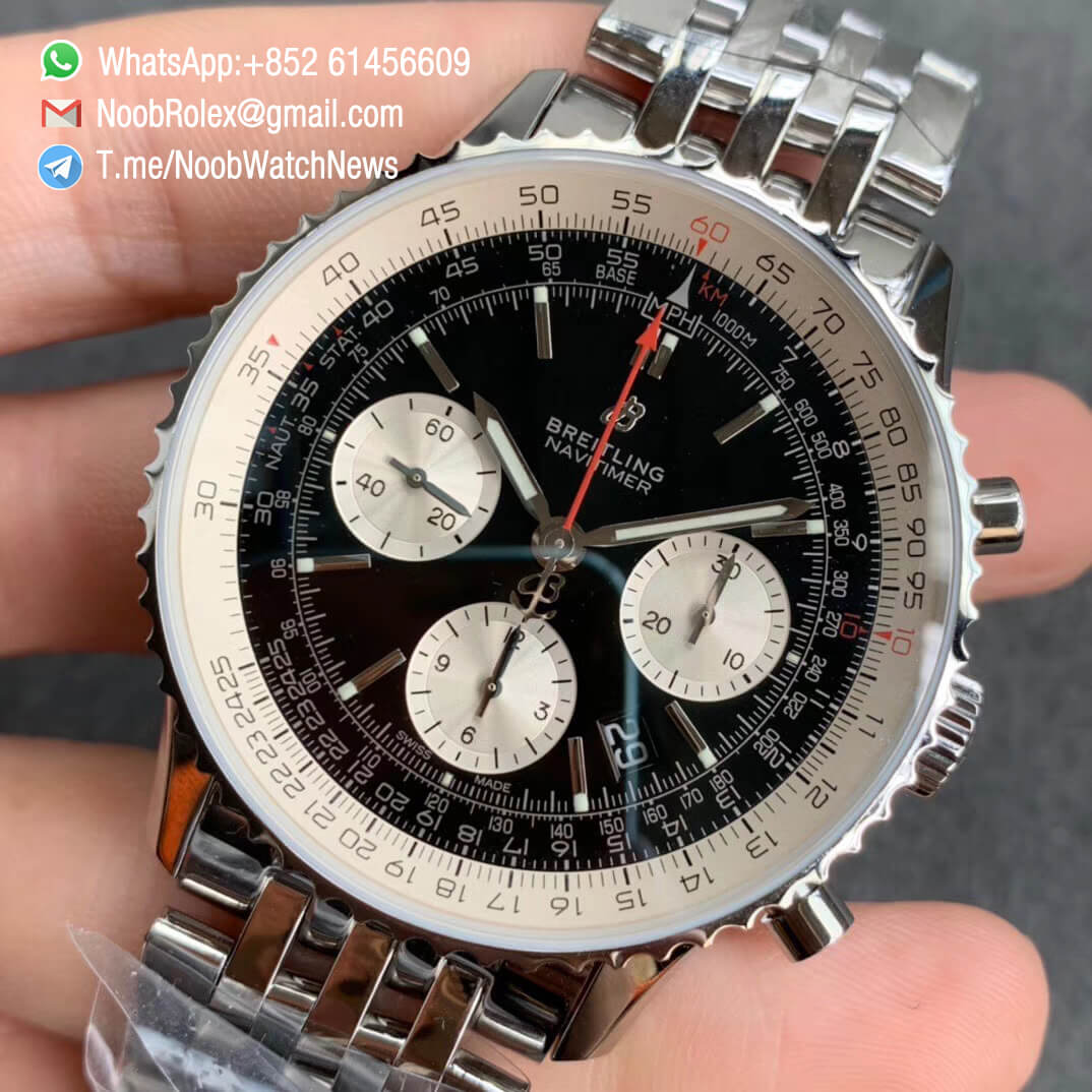 GF Best Quality Rep Breiiting Navitimer 1 Steel Case Bracelet 43mm Black Dial with A7750 Full Chrono Function 03