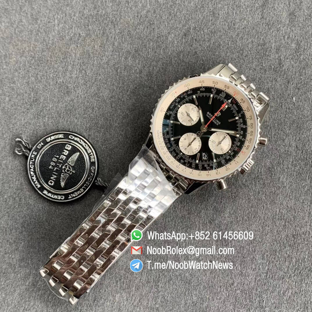 GF Best Quality Rep Breiiting Navitimer 1 Steel Case Bracelet 43mm Black Dial with A7750 Full Chrono Function 09