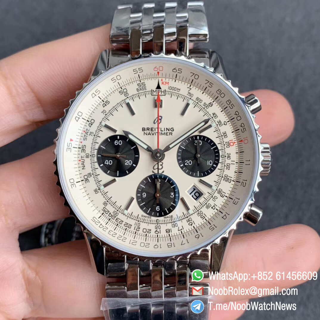 GF Best Quality Rep Breiiting Navitimer 1 Stell Case Bracelet 43mm White Dial with A7750 Full Chrono Function 01