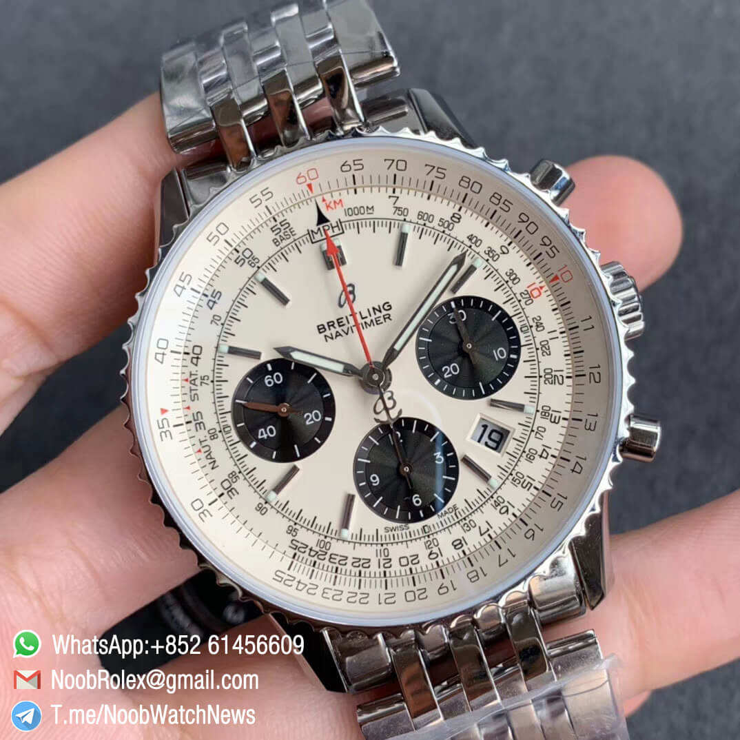GF Best Quality Rep Breiiting Navitimer 1 Stell Case Bracelet 43mm White Dial with A7750 Full Chrono Function 02