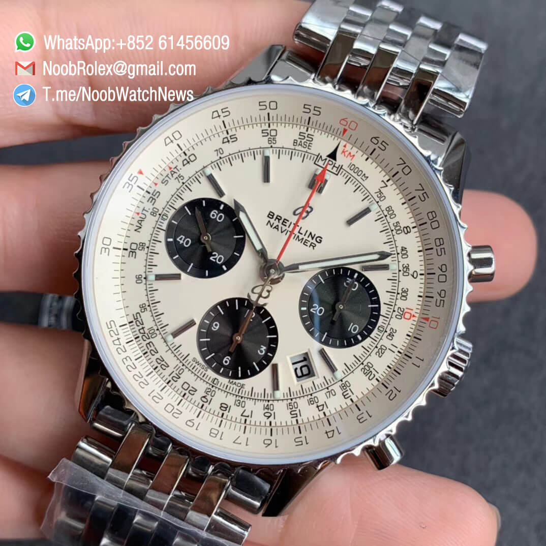 GF Best Quality Rep Breiiting Navitimer 1 Stell Case Bracelet 43mm White Dial with A7750 Full Chrono Function 03