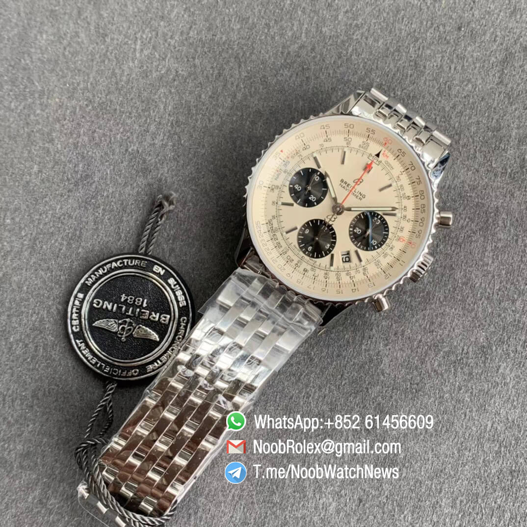 GF Best Quality Rep Breiiting Navitimer 1 Stell Case Bracelet 43mm White Dial with A7750 Full Chrono Function 09