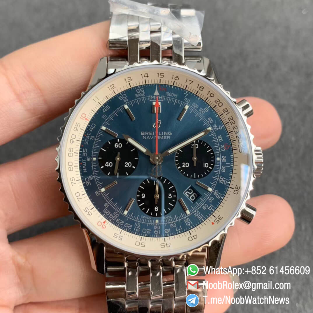 GF Top Quality Rep Breiiting Navitimer 1 Steel Case Bracelet 43mm Blue Dial with A7750 Chronograph Movement 01
