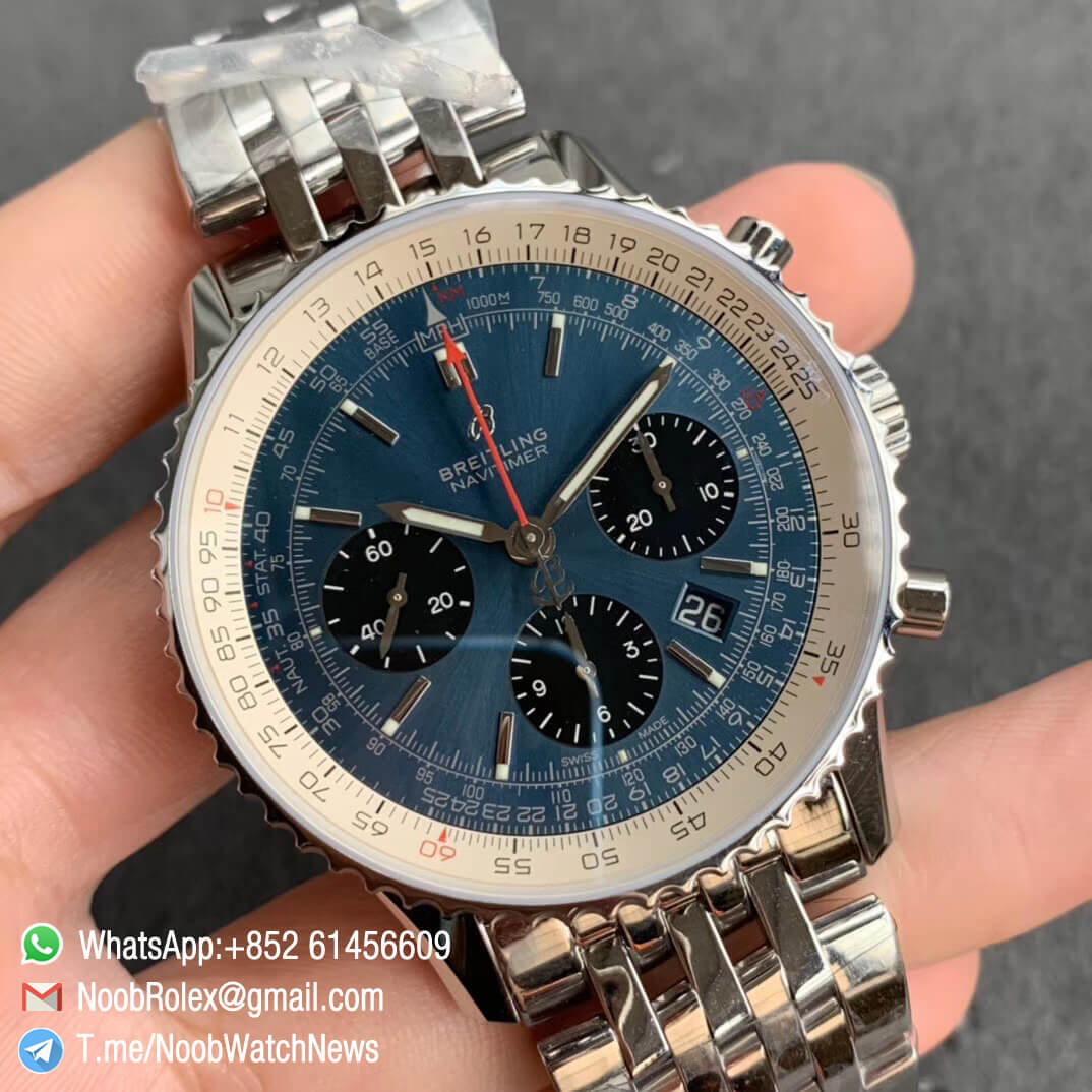 GF Top Quality Rep Breiiting Navitimer 1 Steel Case Bracelet 43mm Blue Dial with A7750 Chronograph Movement 02