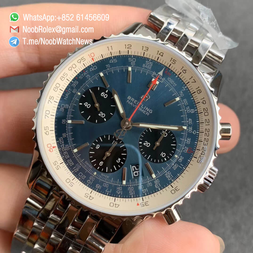 GF Top Quality Rep Breiiting Navitimer 1 Steel Case Bracelet 43mm Blue Dial with A7750 Chronograph Movement 03
